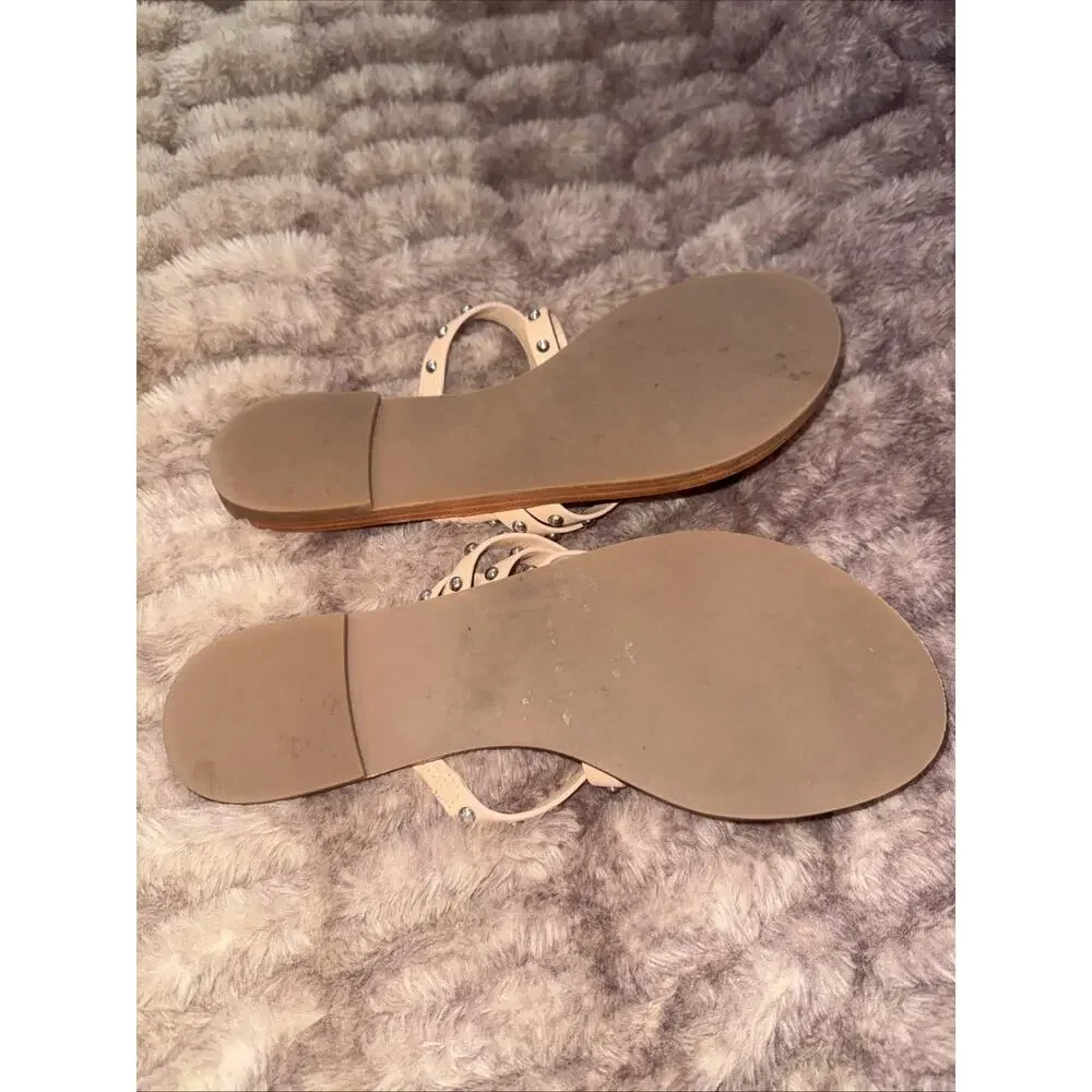 TORY BURCH Patos Studded Sandal SZ 9M Ivory Women LTHR Slide Flat Shoe Beach